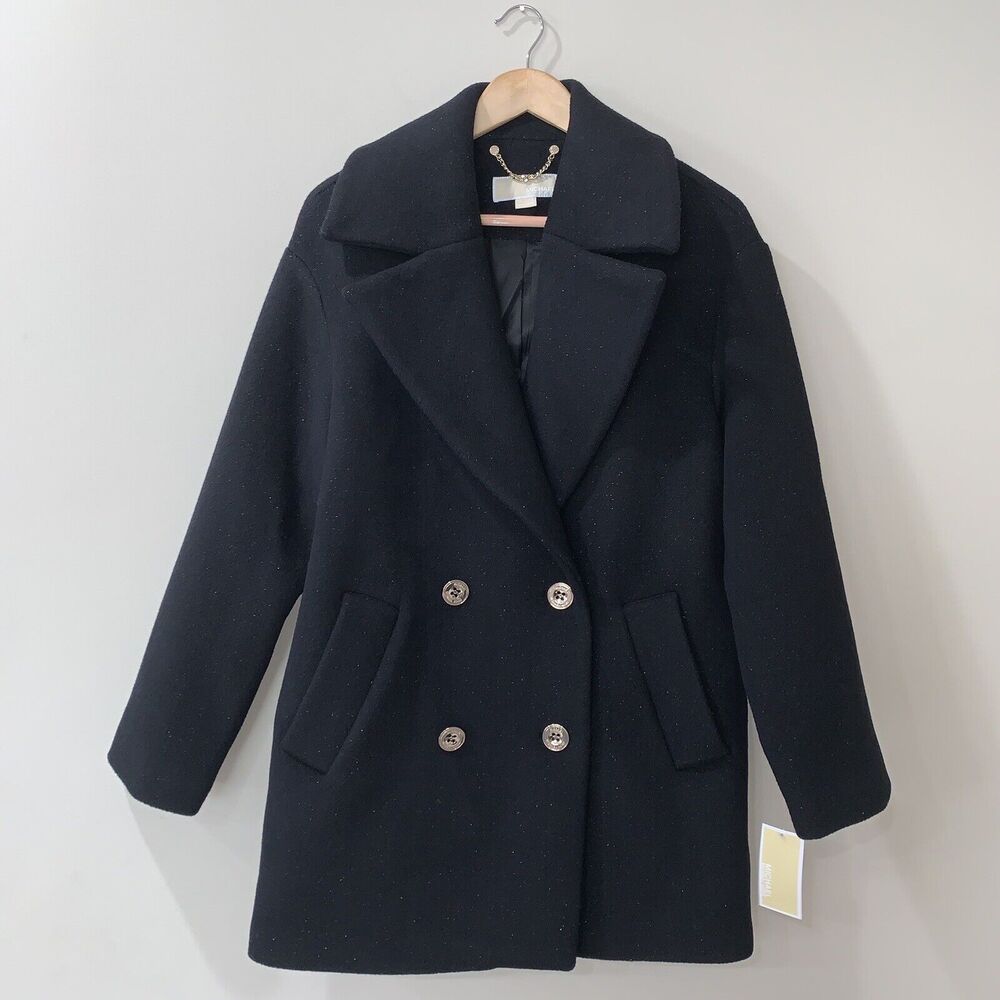 MICHAEL Michael Kors Wool Blend Peacoat $420 Black Gold Accents Double Breasted